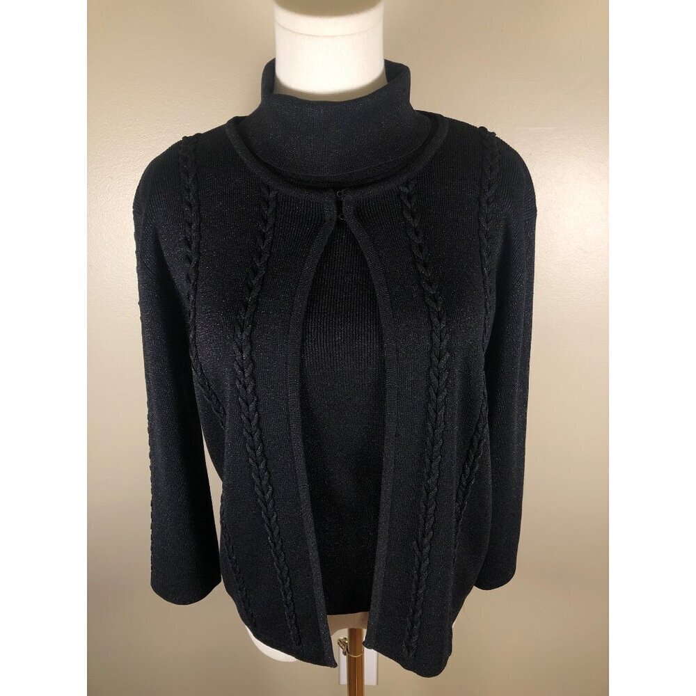 Joseph A 2-Piece Silk Black Cardigan Sz L & Matching Sleeveless Turtleneck Sz M